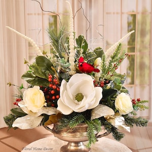 White Magnolia & Rose Christmas Centerpiece with Cardinal Winter Silk Floral Design