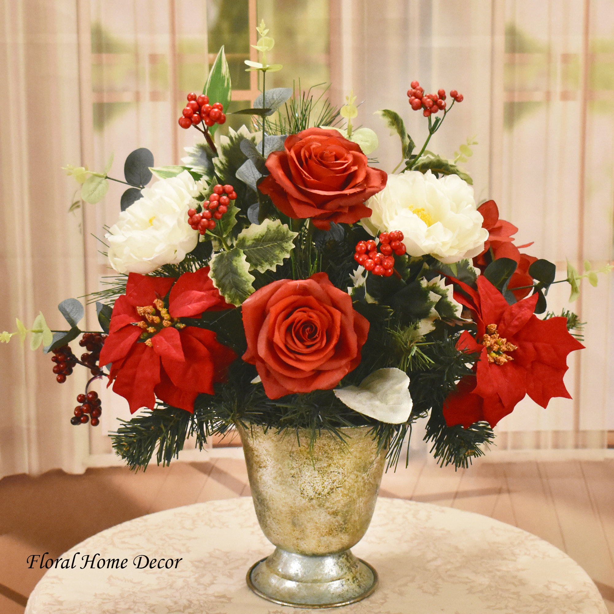 30 Beautiful Christmas Flower Arrangements for a Blooming Holiday: Festive Floral Ideas to Brighten Your Home 4 Christmas Floral Centerpiece: Red Roses, Poinsettias, Silver Vase