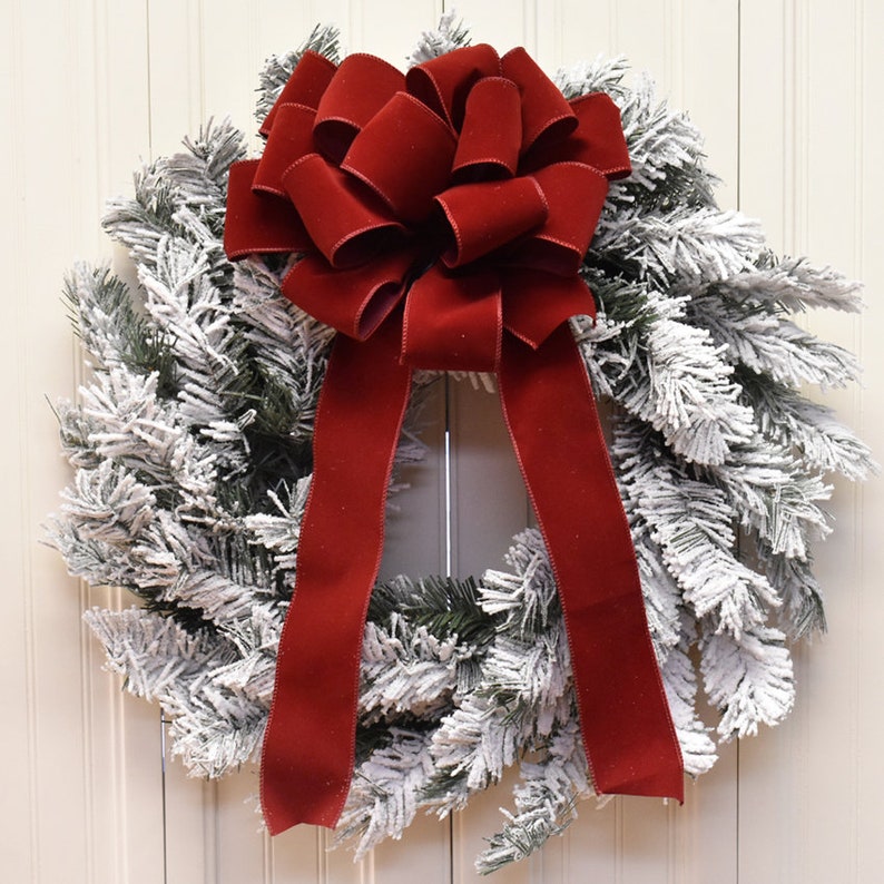 Flocked Holiday Wreath With Red Bow Etsy