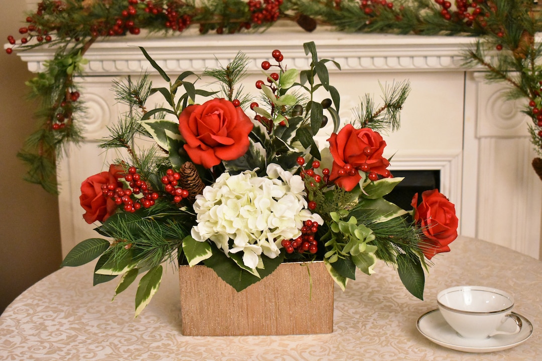 Christmas Silk Floral Design With Red Real Touch Roses and Winter