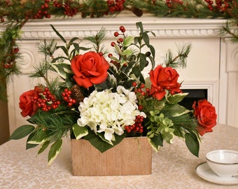Christmas Silk Floral Design with Red Real Touch Roses and Winter Greens