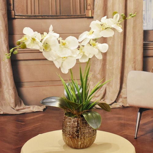Azalea Large White Faux Orchid With Willow in Gold Flat Glass Etsy