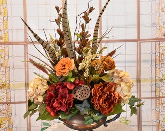 Rust and Tan Peony and Hydrangea Silk floral Centerpiece with Feathers