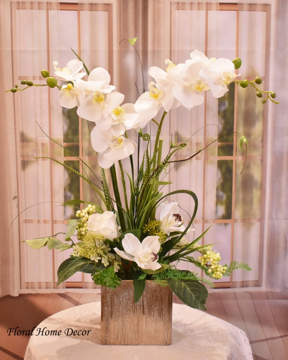 White Silk Orchids in Brushed Gold Vase