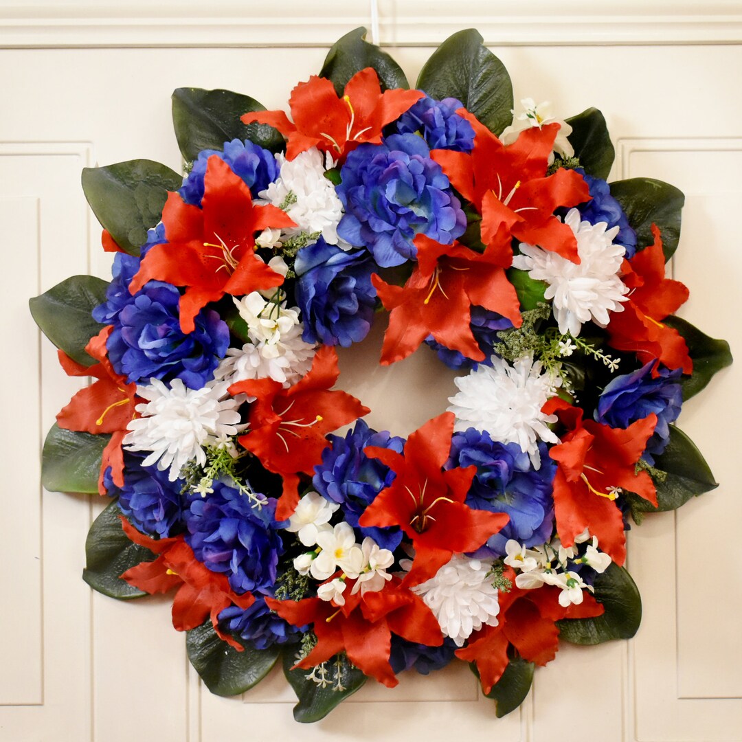 Red White and Blue Silk Flower Wreath Patriotic Wreath Etsy