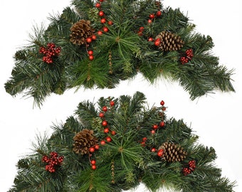 Set of 2 Lush Pine and Berry Swags - Christmas Faux Pine Swags - Window Swags- Bows not included