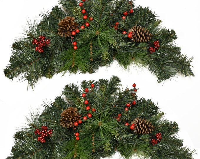 Set of 2 Lush Pine and Berry Swags Christmas Faux Pine Swags Window Swags Bows Not Included Etsy
