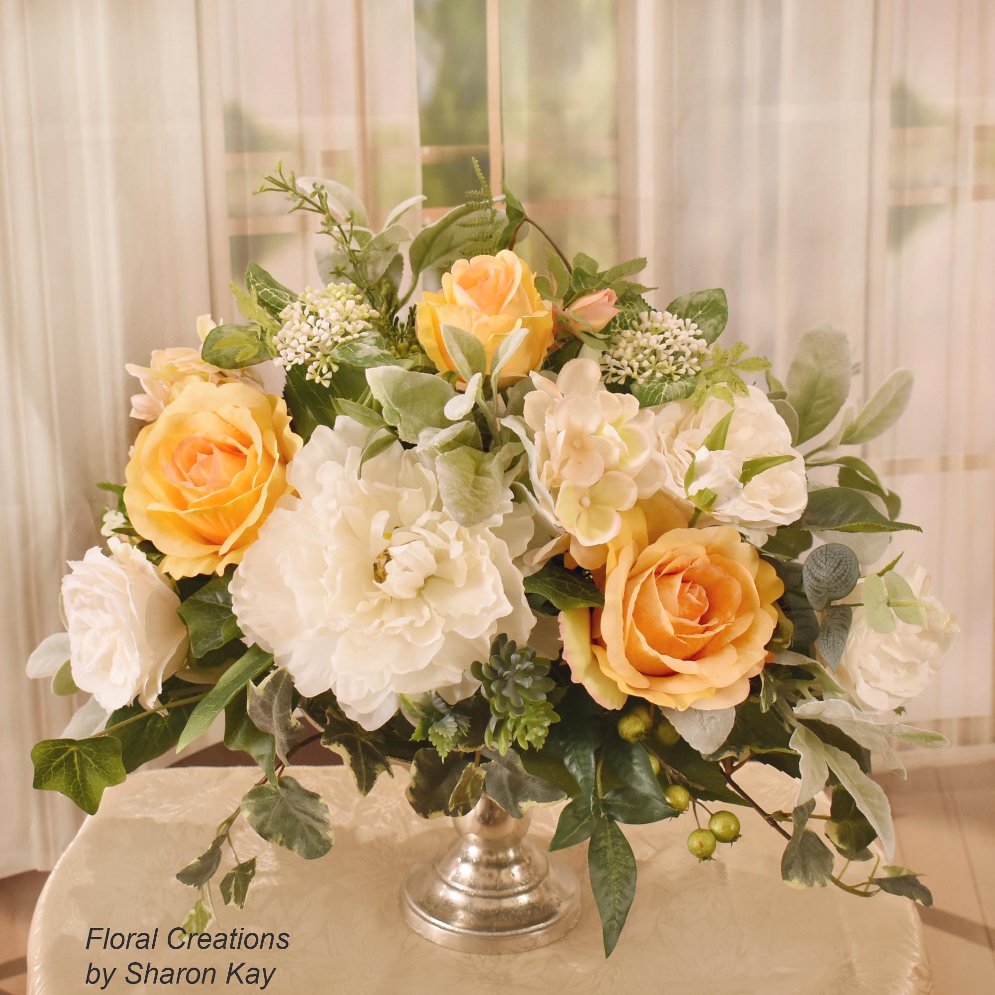 Yellow and White Silk Floral Design in Silver Pedestal Vase With