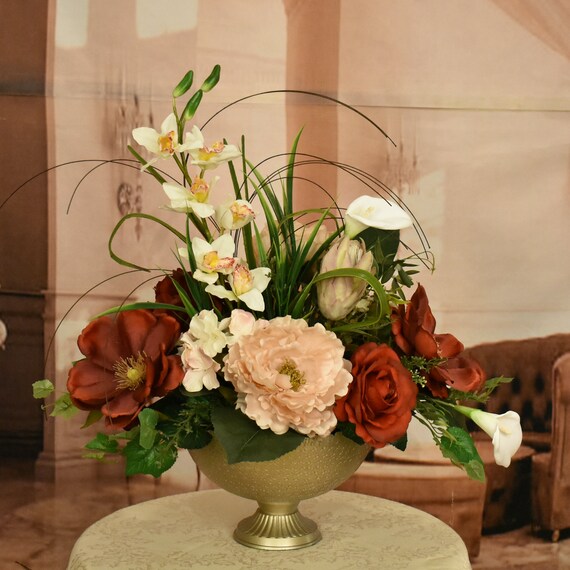 Custom Made Silk Flower Arrangement in Burgundy Blush and Cream Orchids Magnolias and Roses Champagne Metal Pedestal Bowl