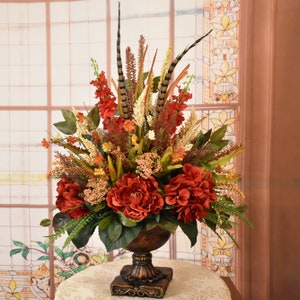 Designer Faux Floral Design with Hydrangea and Feathers - One Sided