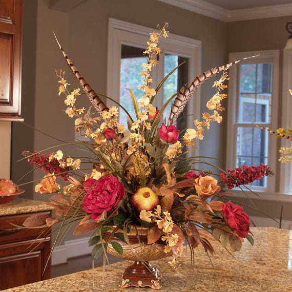 Rose and Feather Silk Flower Arrangement Silk Centerpiece With Feathers Red and Gold Silk Flower Arrangement Etsy UK