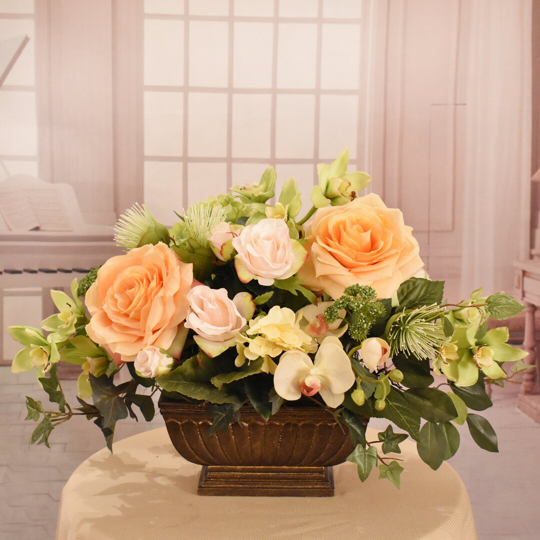 Rose and Orchid Silk Flower Centerpiece Apricot and Green Silk Flower ...