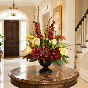 Floral Centerpiece for Dining Table with Feathers, Red and Gold Silk Flower Arrangement