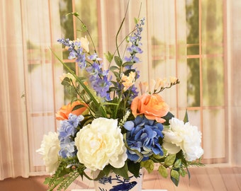 Blue, Orange, and Cream Mix Silk Floral Design  - Blue and White Bird Motif Vase