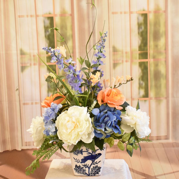 Blue, Orange, and Cream Mix Silk Floral Design  - Blue and White Bird Motif Vase