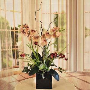 Orchids and Branches in Black Vase