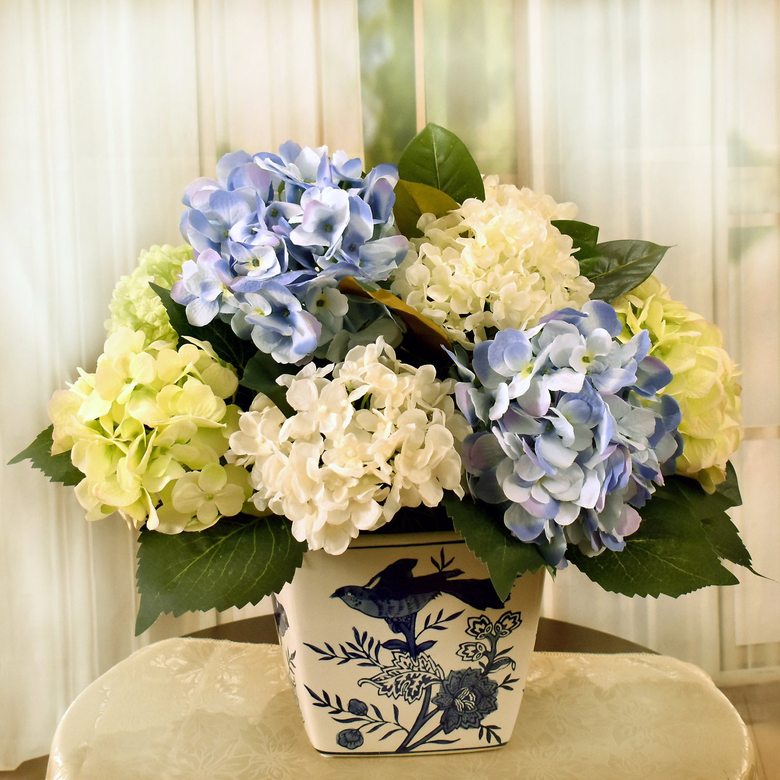 Blue and White and Green Hydrangea Floral Design Silk | Etsy