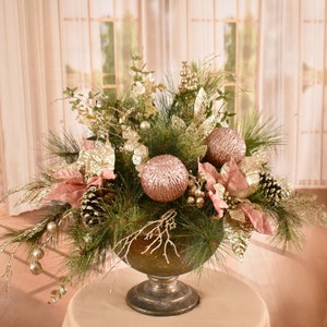 Rose Pink Christmas Poinsettia and Glittery Branches Centerpiece