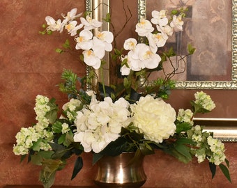Silk Orchids and Hydrangea Centerpiece in Vase- Silk Arrangement