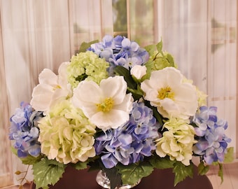 Blue Hydrangea and White Magnolia Floral Centerpiece - Silk Flower Arrangement