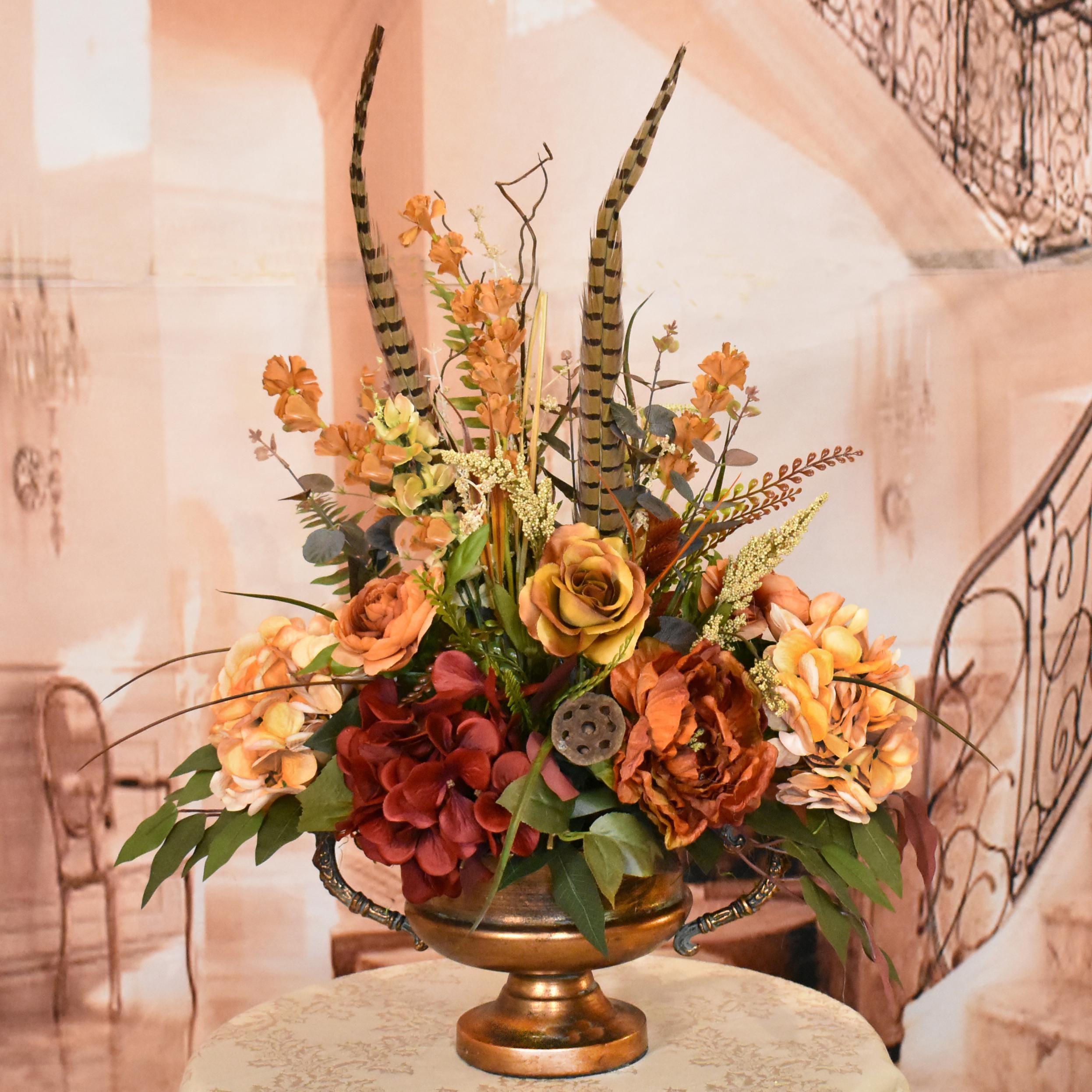 Rust and Tan Peony and Hydrangea Silk Floral Centerpiece 
