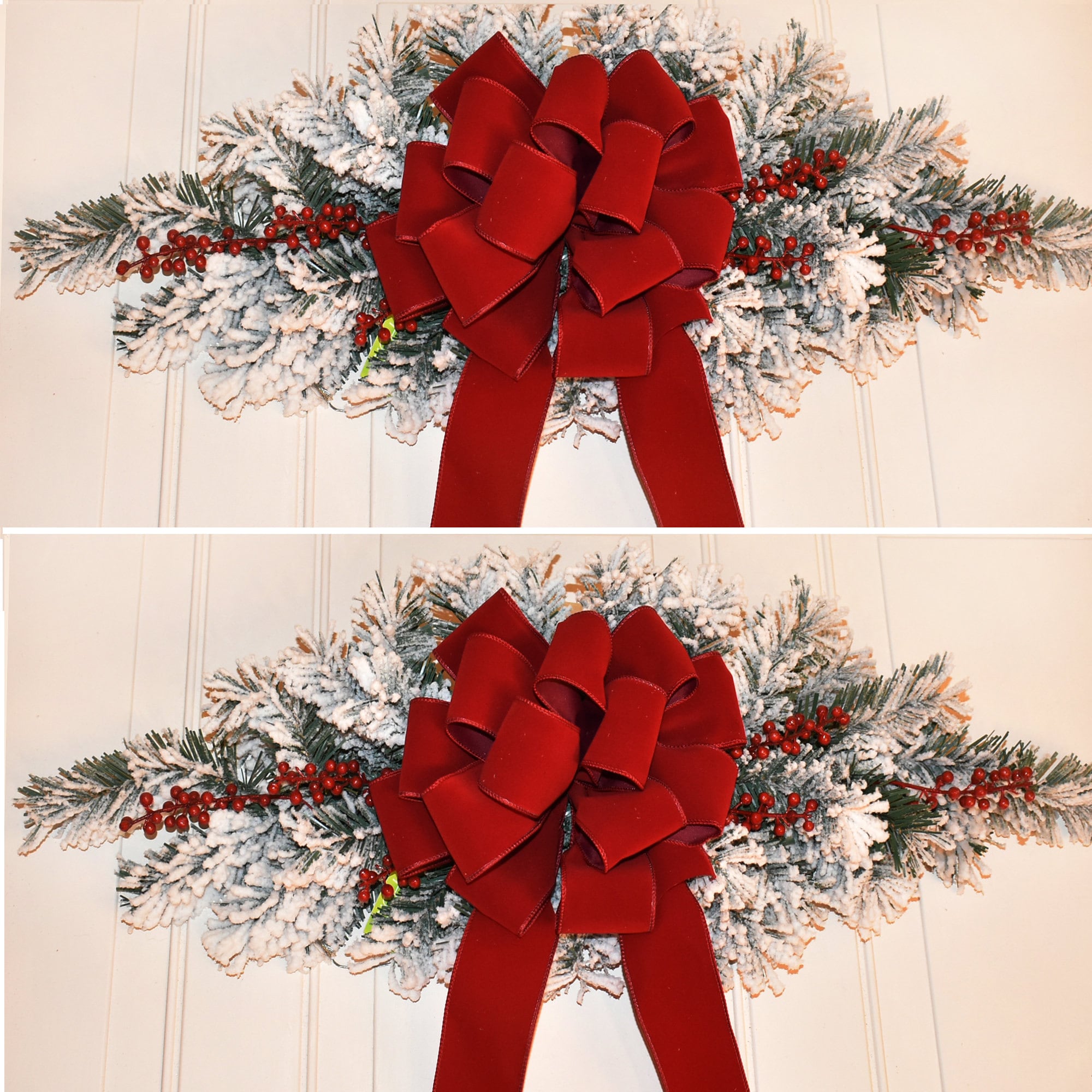 Frosted Christmas Window Swags With Red Bow. Snow Flocked Etsy