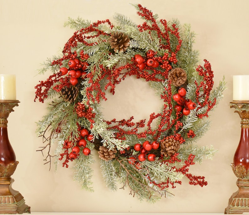 Winter Pine and Red Berry Winter Wreath With Bow - Etsy