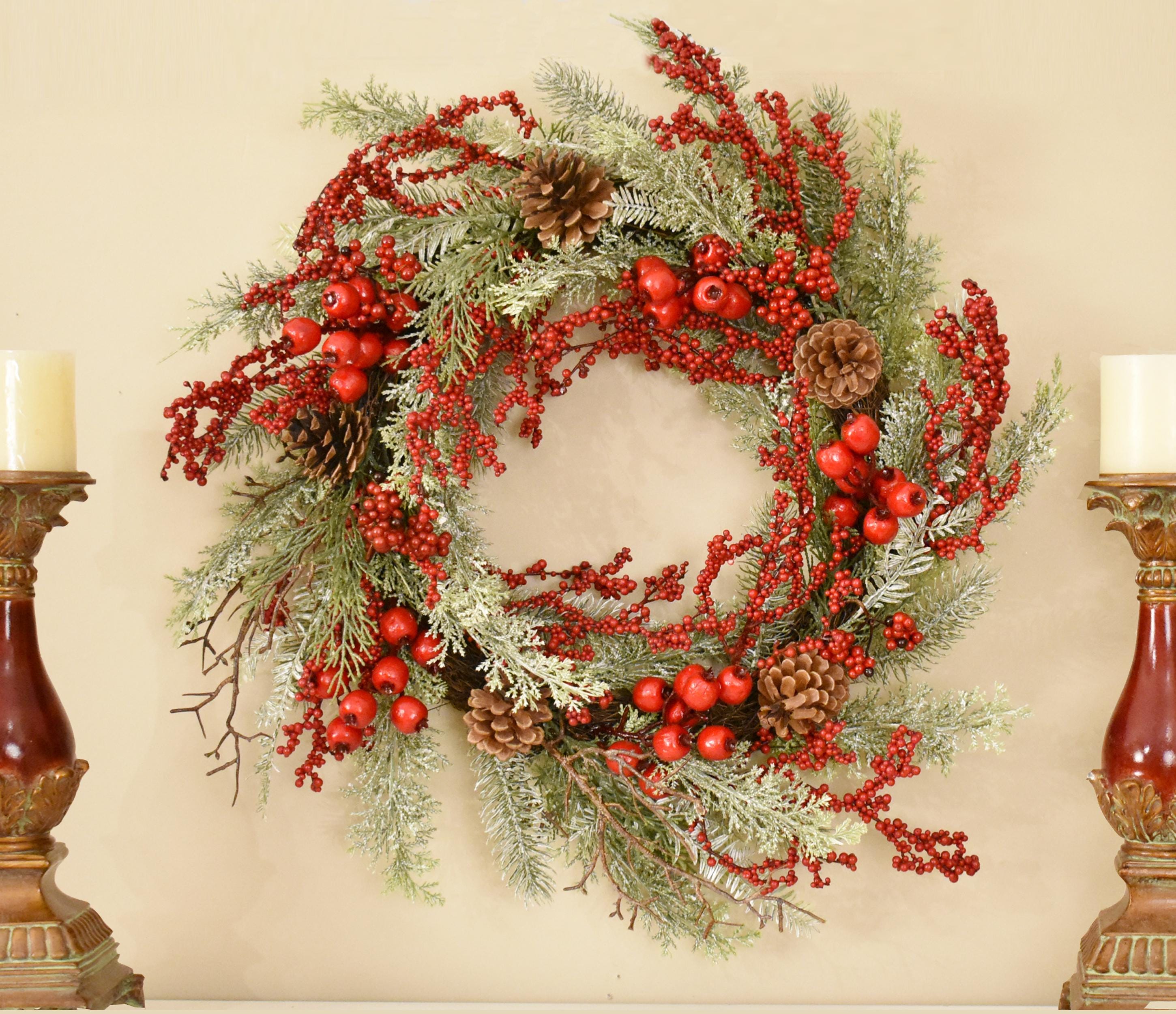 Winter Pine and Red Berry Winter Wreath With Bow - Etsy