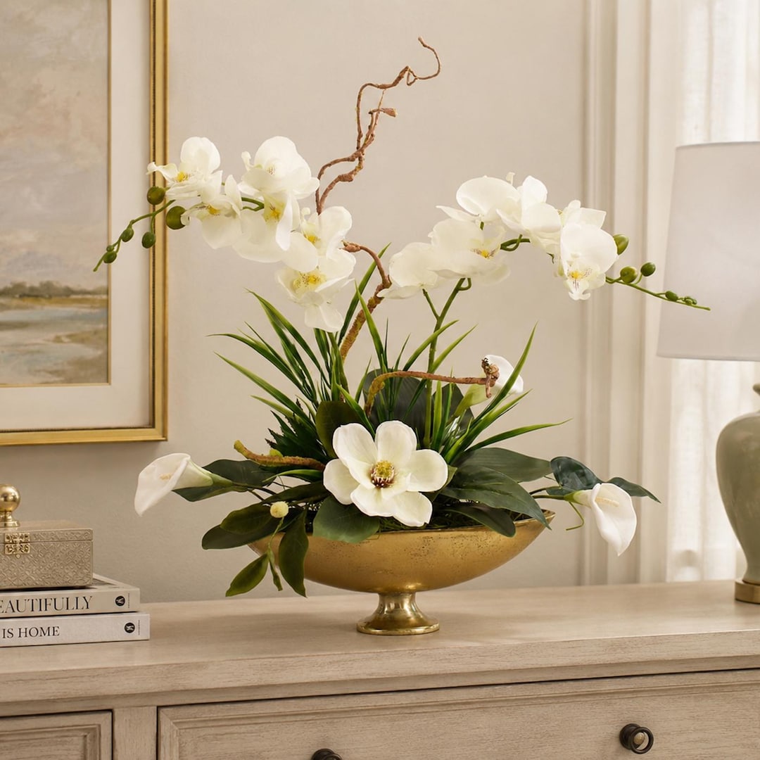 Modern White Orchids Faux Silk Floral Design