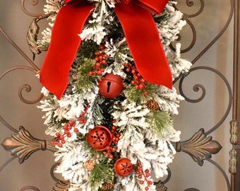 Snow Flocked Jingle Bell Door Swag