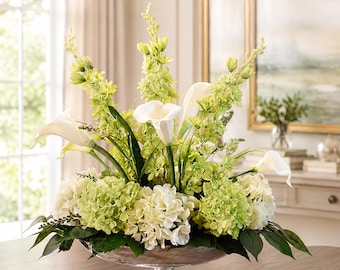 Elegant Green and White Grande Hydrangea Calla Lily Silk Flower Arrangement - Table Centerpiece