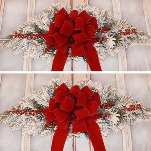 Frosted Christmas Window Swags with Red Bow.  Snow Flocked Swags, Holiday Swags  for Windows