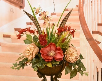 Burgundy Magnolia with Peonies and Orchids