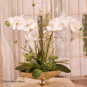 Elegant White Phalaenopsis Orchids In Gold Vase - Silk Orchid Arrangement