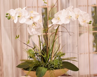 Elegant White Phalaenopsis Orchids In Gold Vase - Silk Orchid Arrangement
