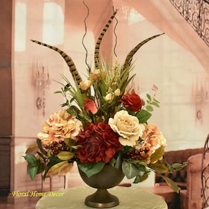 Hydrangeas Roses and Feather Silk Flower Arrangement, Silk Centerpiece, Tan and Burgundy  Floral Design