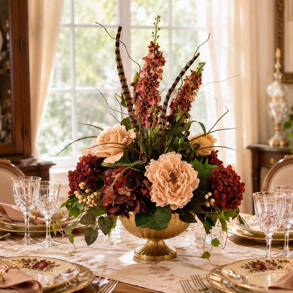 Peony and Hydrangea Burgundy and Beige Silk Flower Arrangement