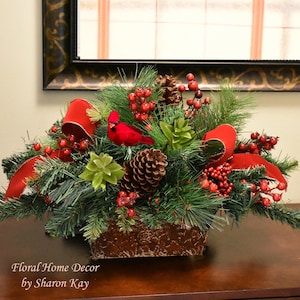 Christmas Centerpiece Berry and Pine Cardinal , Christmas Centerpiece - Faux Holiday Floral Design