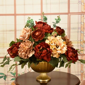 Burgundy and Beige Silk Floral Centerpiece in Gold Scallop Pedestal Bowl - Peonies and Roses