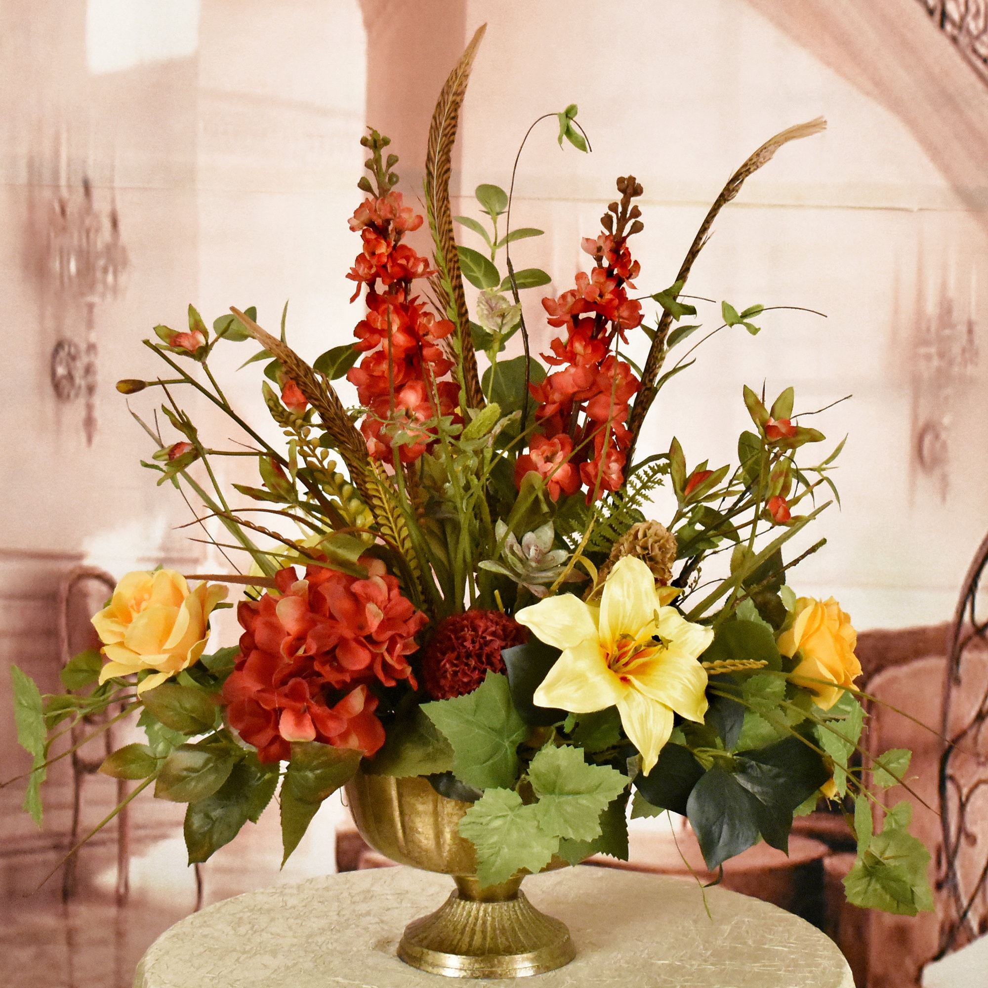 Floral centerpiece in red and yellow ...