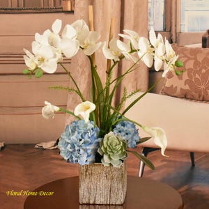 White Orchids and Blue Hydrangea with Succulent - Silk Flower Arrangement