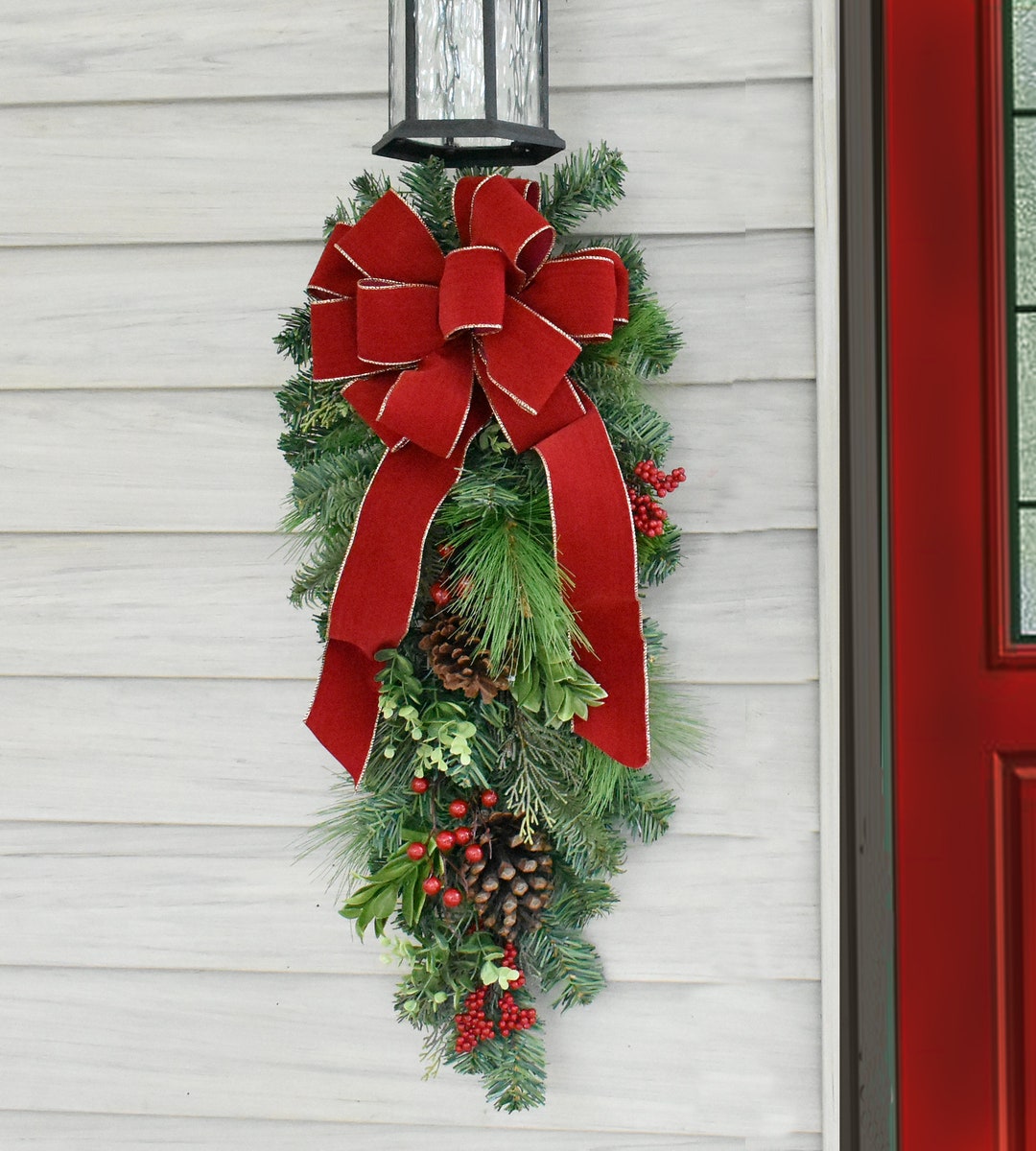 Holiday Pine Christmas Door Swag With Red Velvet Bow Faux - Etsy