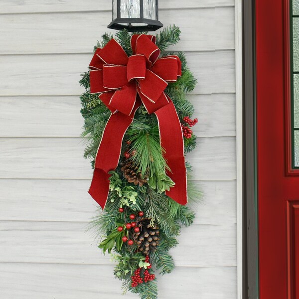 Holiday Pine Christmas Door Swag with Red Velvet Bow - Faux Christmas Floral Design - Outside Door Decoration - Lamppost