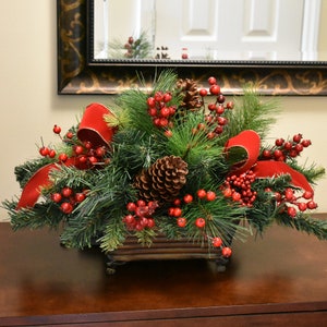 Berry and Pine Christmas Centerpiece - Faux Holiday Floral Design
