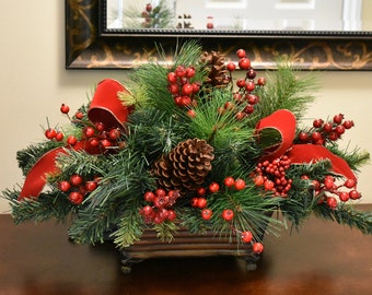 Berry and Pine Christmas Centerpiece - Faux Holiday Floral Design