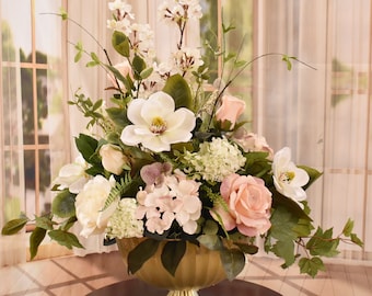 Cream Pink Rose and Magnolia Silk Floral Design