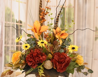 Terra Cotta And Burgundy Silk Design With Feathers - Silk Flower Arrangement