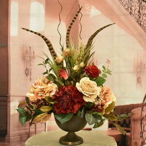 Hydrangeas Roses and Feather Silk Flower Arrangement, Silk Centerpiece, Tan and Burgundy  Floral Design