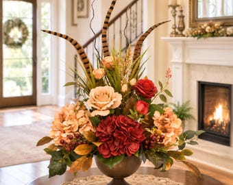Silk Hydrangea and Rose Centerpiece: Tan Burgundy Floral Arrangement