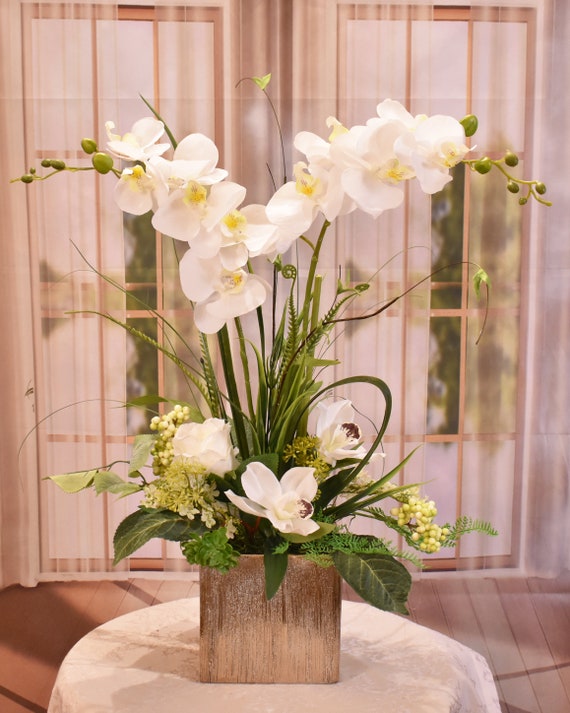 White Silk Orchids in Brushed Gold Vase